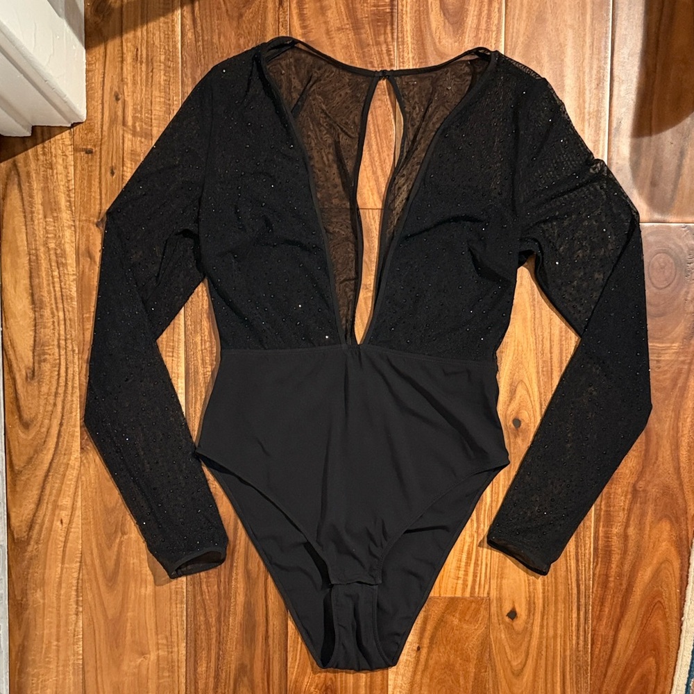 Etam Black Sparkle V-Neck Long Sleeve Bodysuit
